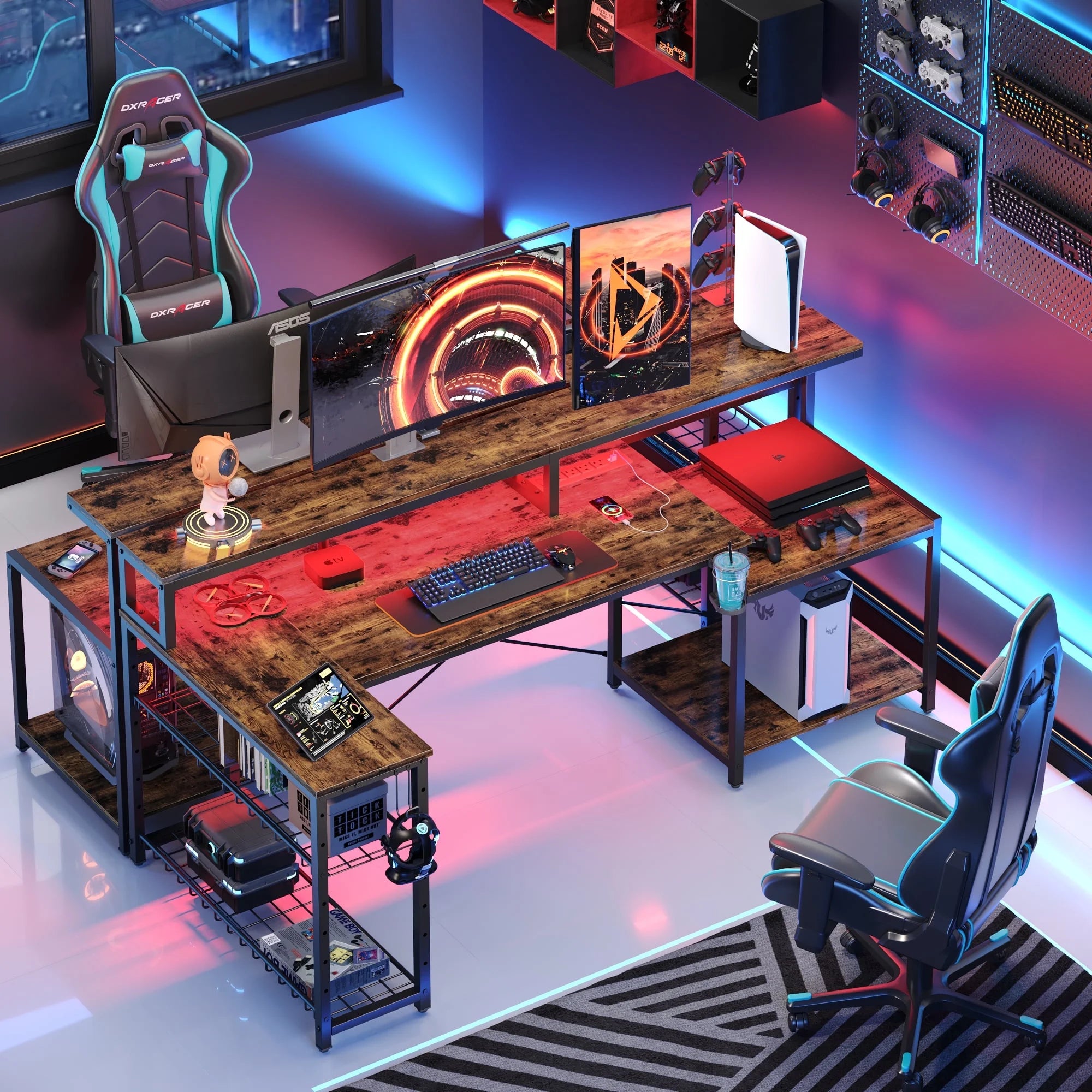 71 Inch L-Shaped Gaming Desk with Power Outlets LED Computer Office Table with Monitor Stand & Storage Shelf in Rustic