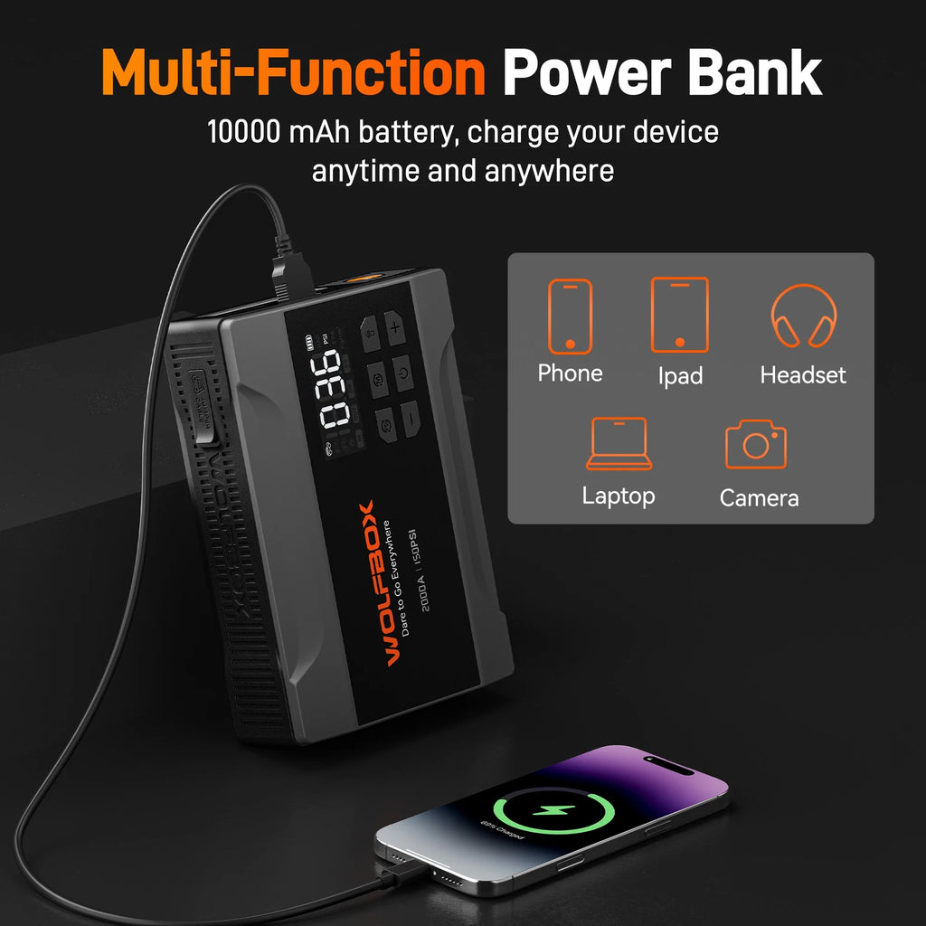 Car Jump Starter with Air Compressor, 2000A 150PSI Portable Car Battery Jump Box(5.0L Gas) with Digital Tire Inflator, 12V