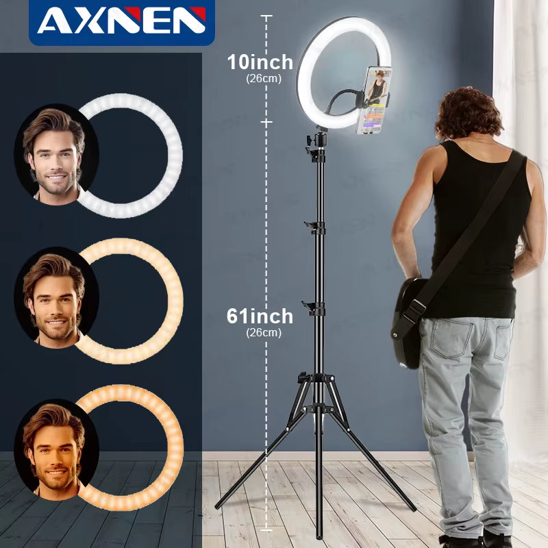 10Inch LED Ring Light Kit with 61Inch Telescopic Tripod Adjustable Studio Lighting for Selfie Photography Video Streaming Holder