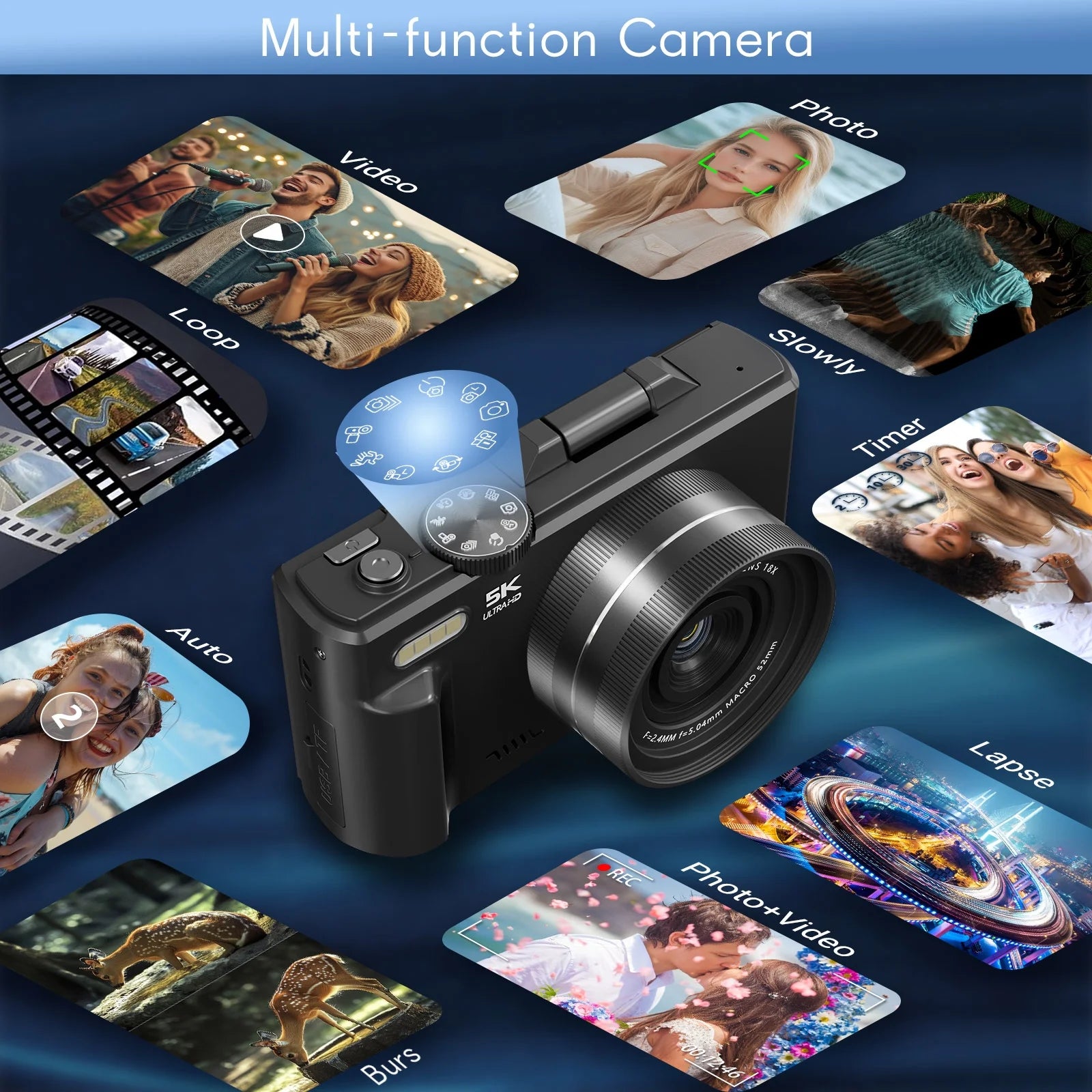 5K Digital Camera for Photography with Wifi, 75MP Vlogging Camera for Youtube with 3" 180° Flip Screen, 18X Digital Zoom Photography Camera with 32GB Micro SD Card & 2 Batteries(Black)