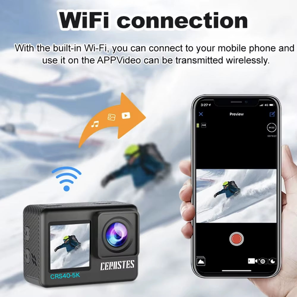 Action Camera 5K 4K60FPS Wifi Anti-Shake Dual Screen 170° Wide Angle 30M Waterproof Sport Camera with Remote Control