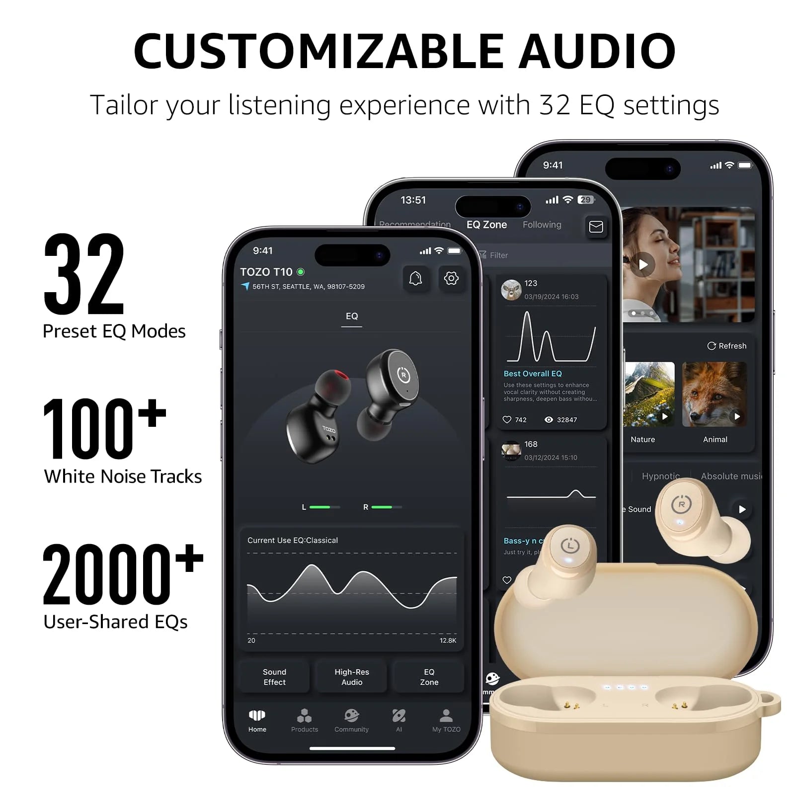 T10 Bluetooth Earbuds Bluetooth Headphones, 55H, Stereo Bass, App Customize 32 EQ, Wireless Charge, IPX8 Waterproof, 100+ White Noise Tracks, Ergonomic Design, Khaki