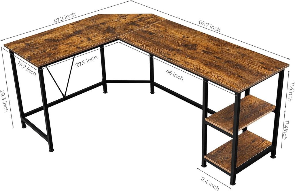 L Shaped Computer Desk with Storage Shelves, 65.7 Inch Modern Long Corner Gaming Desk for Home Office Writing Laptop PC Workstation Space Saving, Brown