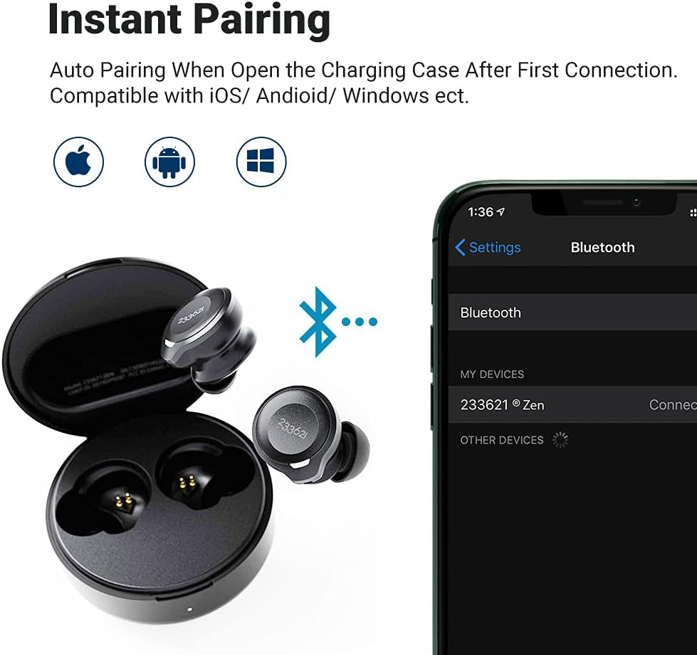 Zen True Wireless Bluetooth Earbuds Hybrid Active Noise-Canceling Headphones Touch Control with Wireless Charging Case Built-In Microphone IPX4 Waterproof Bluetooth 5.0 Earphones (Black)