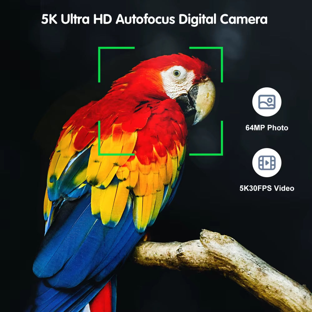 5K Digital Camera for Photography, 64MP Touch Screen Autofocus Vlogging Camera with Selfie Lens, 5X Optical Zoom, 64GB SD Card