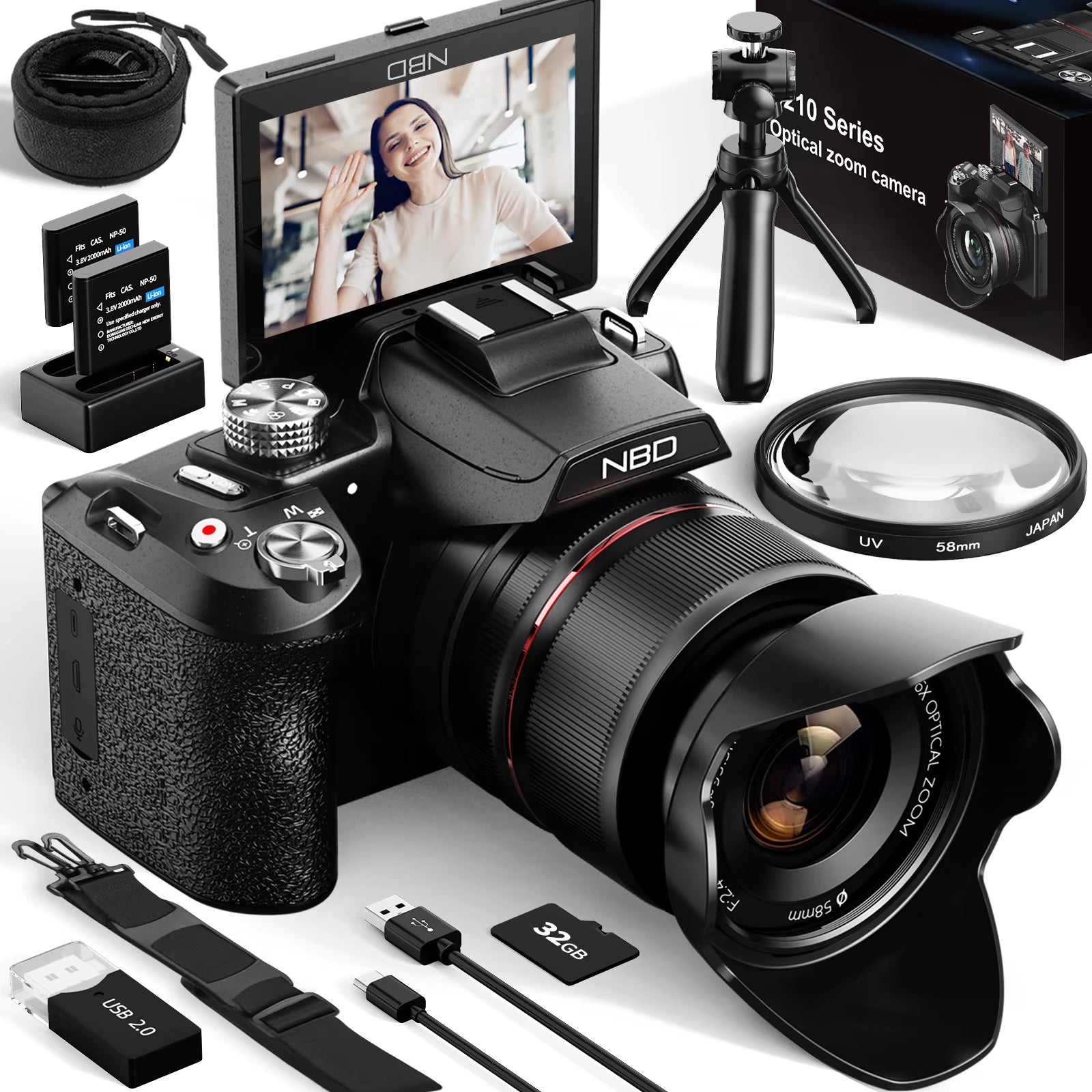64MP Digital Cameras for Photography, 16X Optical Zoom Camera with Wifi & App Control, Vlogging Camera with 180°Flipable Scr