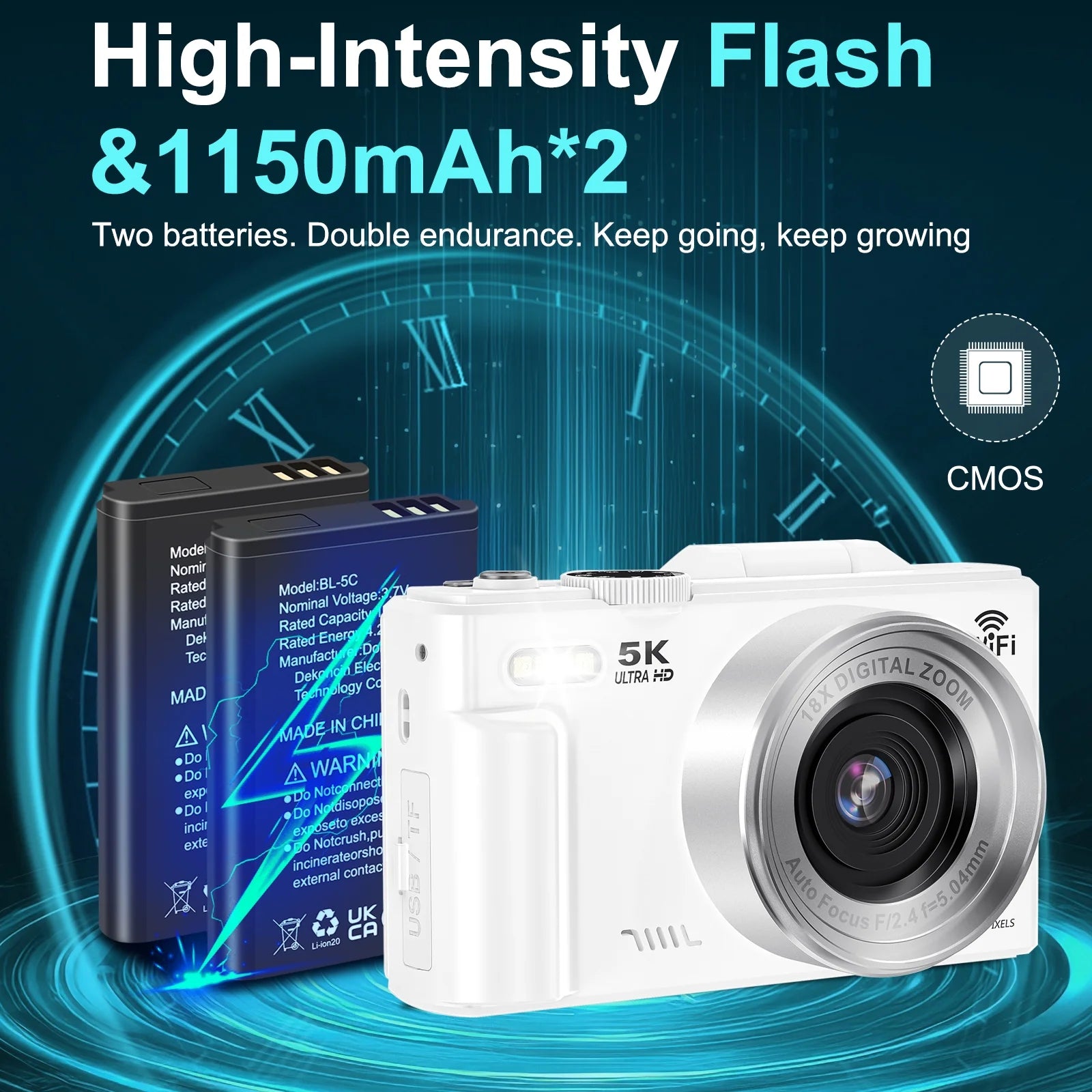 Digital Camera 5K 75MP Wifi Vlogging Camera for Photography, 18X Zoom, Autofocus, Flip Screen with 32GB Card, White