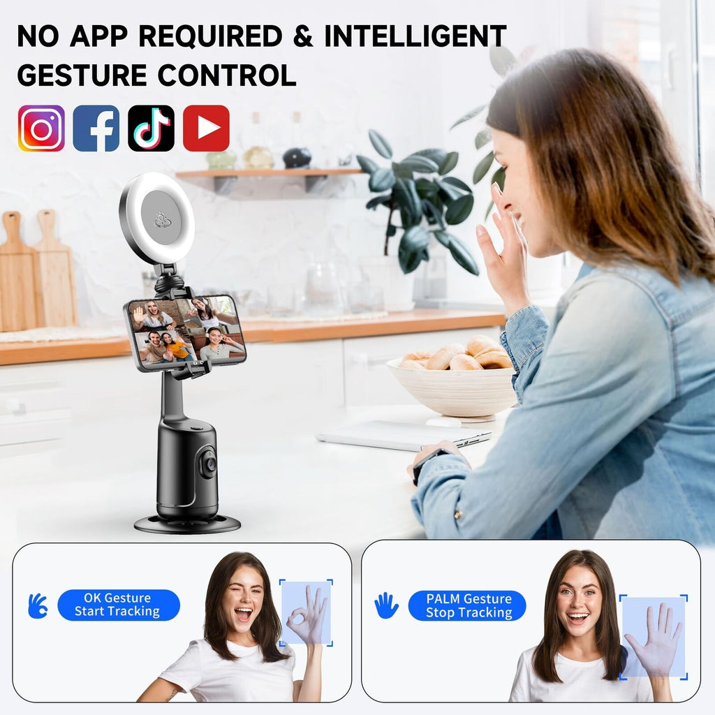 Auto Face Tracking Tripod with 2 Selfie Ring Light, 360° Rotation Face Body