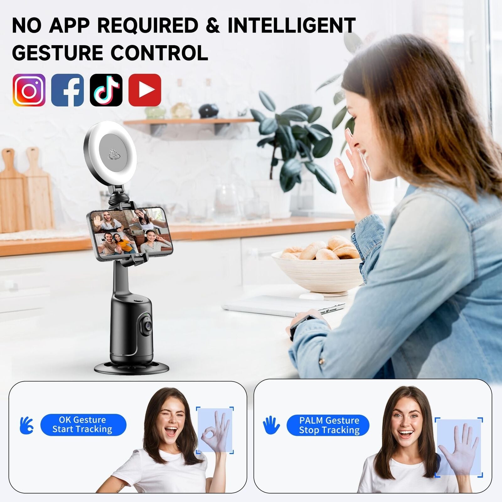 Auto Face Tracking Tripod with 2 Selfie Ring Light, 360° Rotation Face Body