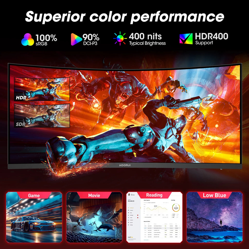 34'' WQHD Curved Gaming Monitor, 180Hz/165Hz Ultrawide Monitor, 3440×1440P 1Ms(Mprt) HDR400, Black