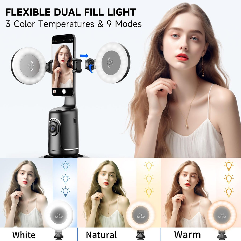 Auto Face Tracking Tripod with 2 Selfie Ring Light, 360° Rotation Face Body