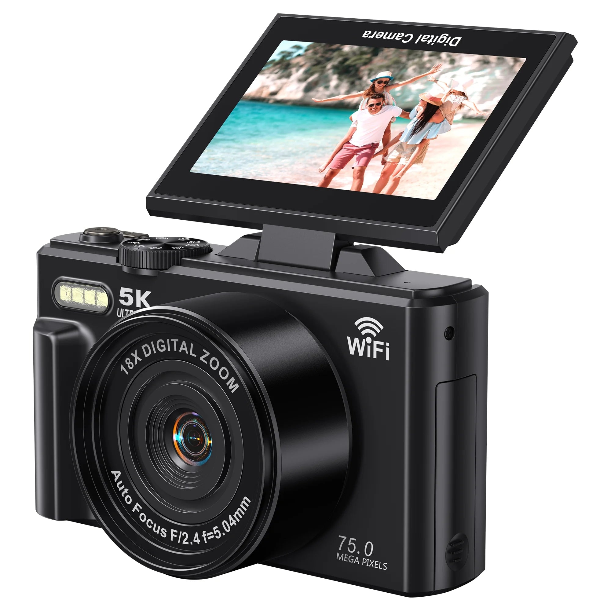 Digital Camera 5K 75MP Wifi Vlogging Camera for Photography, 18X Zoom, Autofocus, Flip Screen with 32GB Card