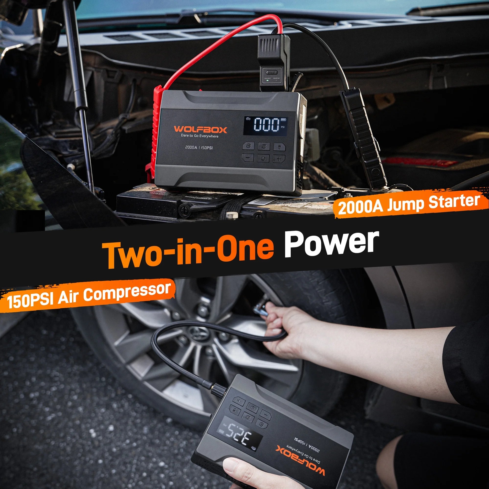 Car Jump Starter with Air Compressor, 2000A 150PSI Portable Car Battery Jump Box(5.0L Gas) with Digital Tire Inflator, 12V