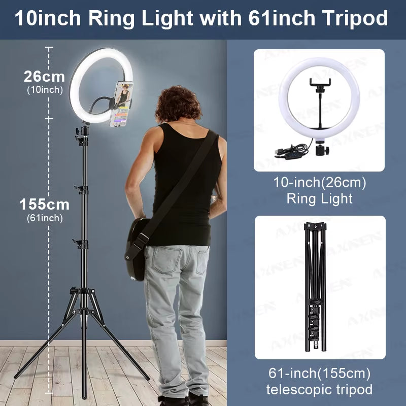 10Inch LED Ring Light Kit with 61Inch Telescopic Tripod Adjustable Studio Lighting for Selfie Photography Video Streaming Holder