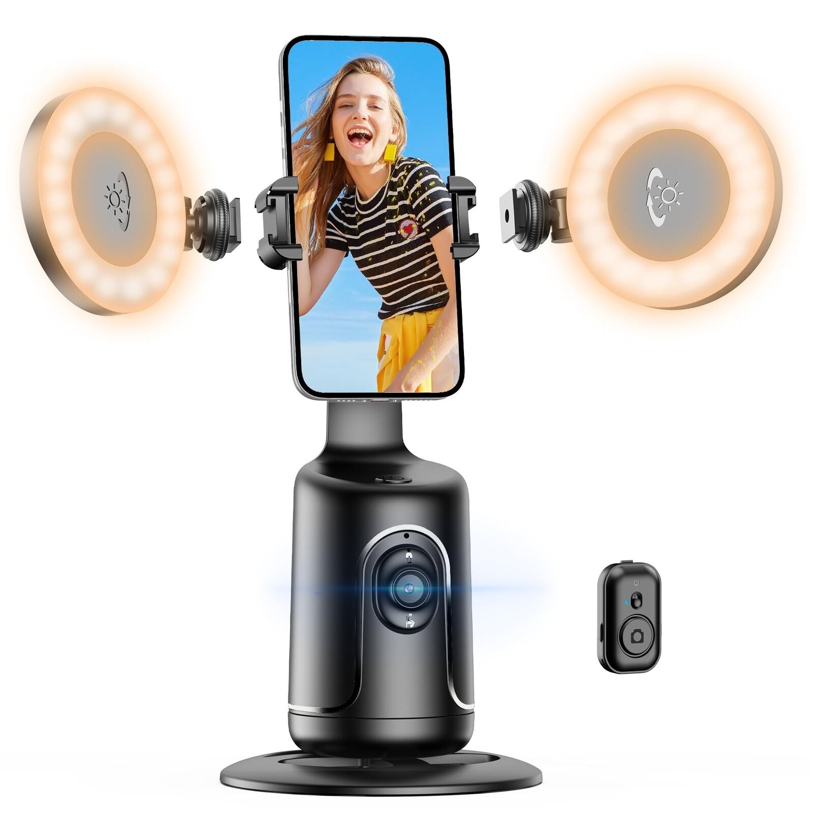 Auto Face Tracking Tripod with 2 Selfie Ring Light, 360° Rotation Face Body