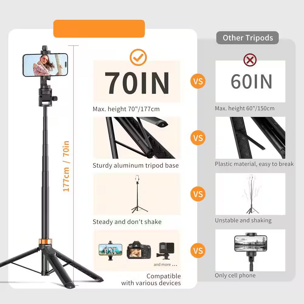 70-Extendable Phone Tripod Stand with Wireless Remote and Phone Holder Compatible with Cameras and Phones