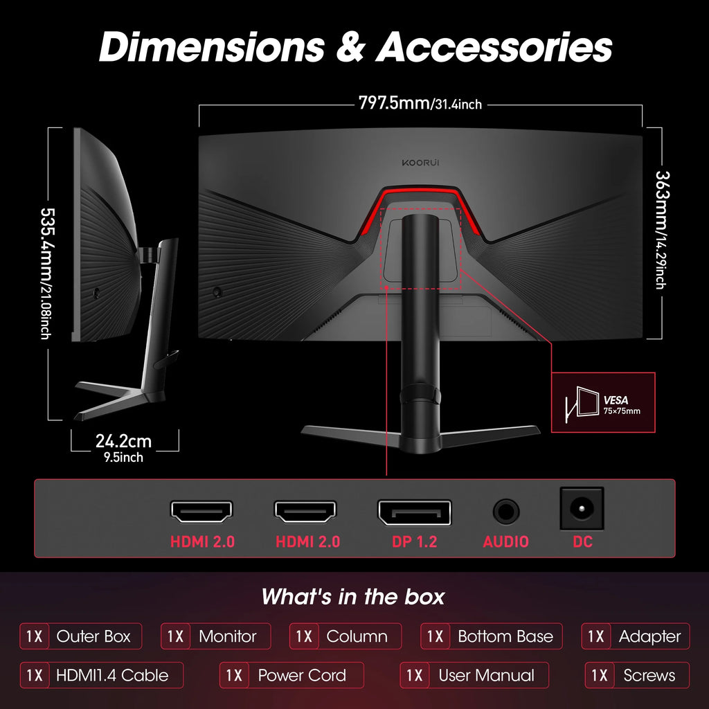 34'' WQHD Curved Gaming Monitor, 180Hz/165Hz Ultrawide Monitor, 3440×1440P 1Ms(Mprt) HDR400, Black