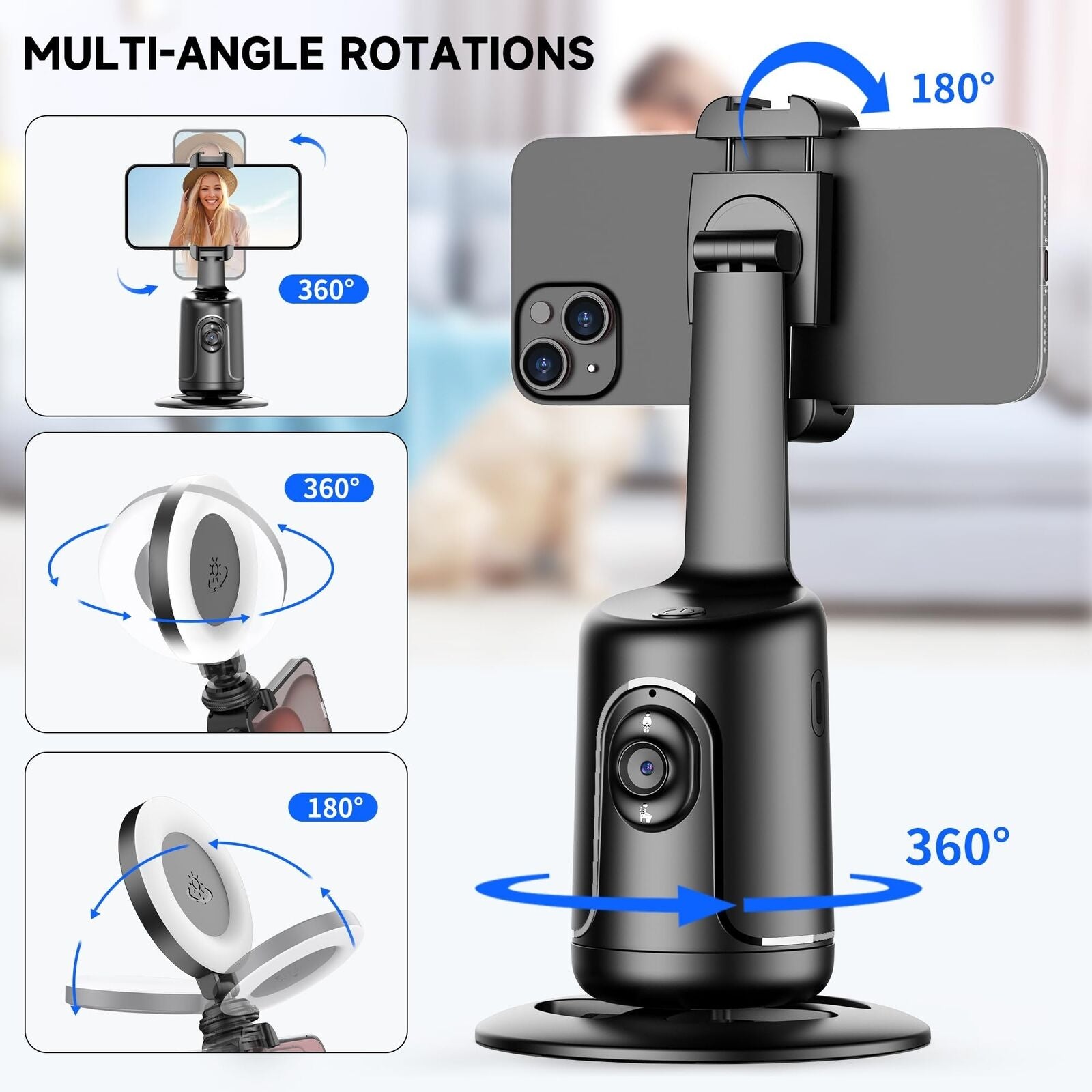 Auto Face Tracking Tripod with 2 Selfie Ring Light, 360° Rotation Face Body
