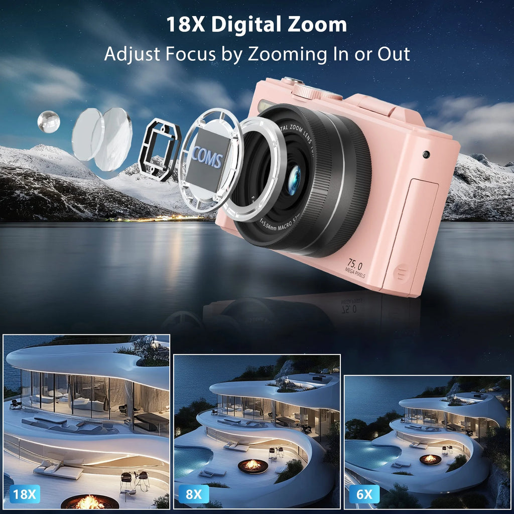 Digital Camera 5K 75MP Wifi Vlogging Cameras for You Tube 3''180° Flip Screen 18X Zoom with 32GB Card for Beginners Pink