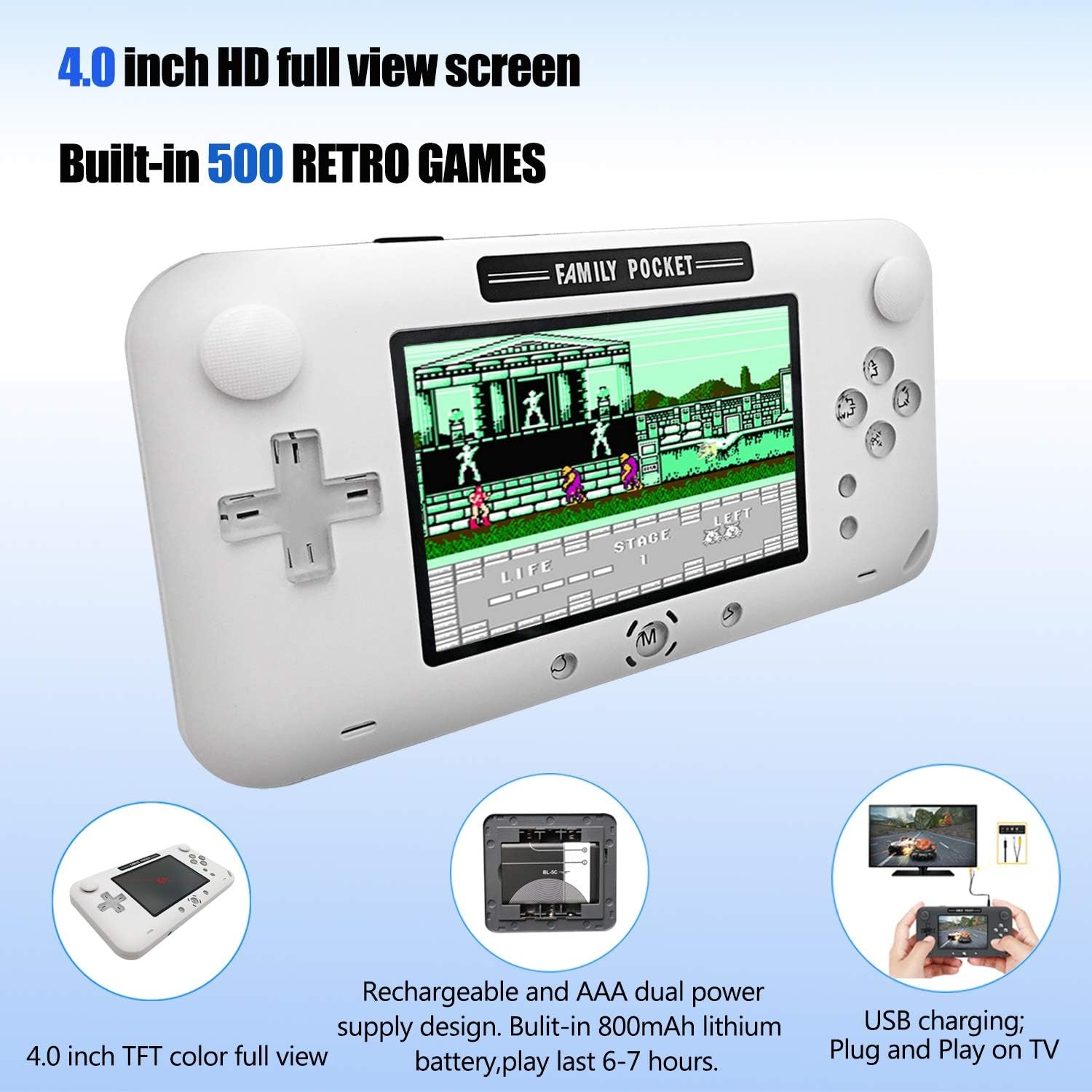 Handheld Games for Kids, Built-In 500 Retro FC Video Games 4 Inch Portable Video Games Player Support TV/AV Output & Two Player, Best Kids Electronic Gift Toys for Boys Ages 4-12 (White)