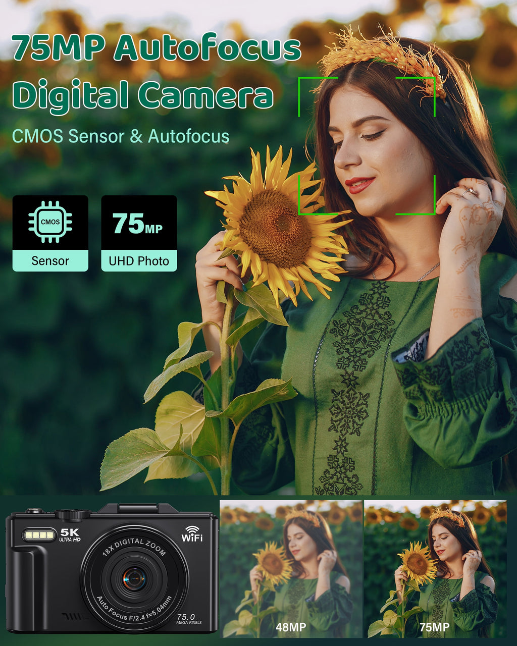 Digital Camera 5K 75MP Wifi Vlogging Camera for Photography, 18X Zoom, Autofocus, Flip Screen with 32GB Card