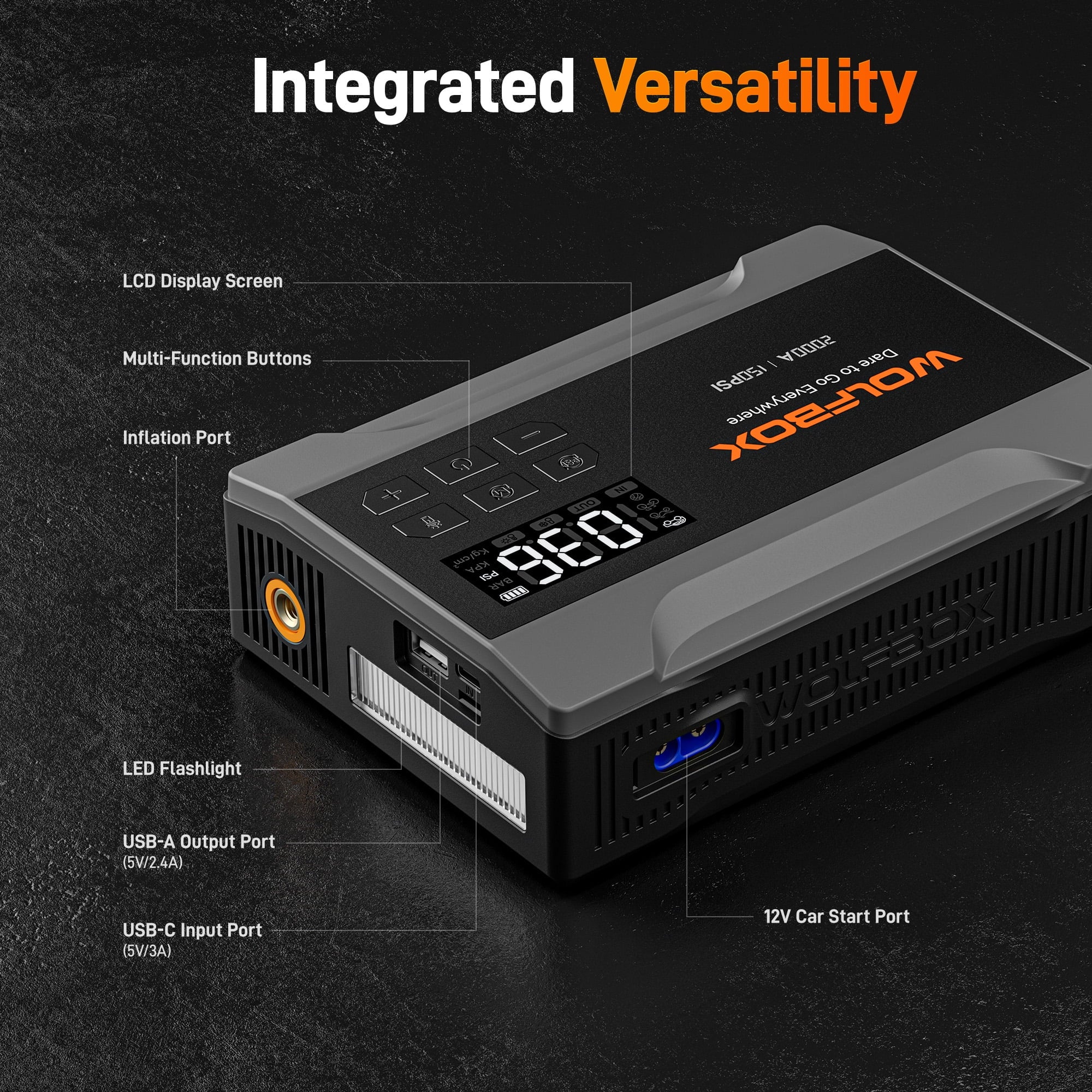 Car Jump Starter with Air Compressor, 2000A 150PSI Portable Car Battery Jump Box(5.0L Gas) with Digital Tire Inflator, 12V