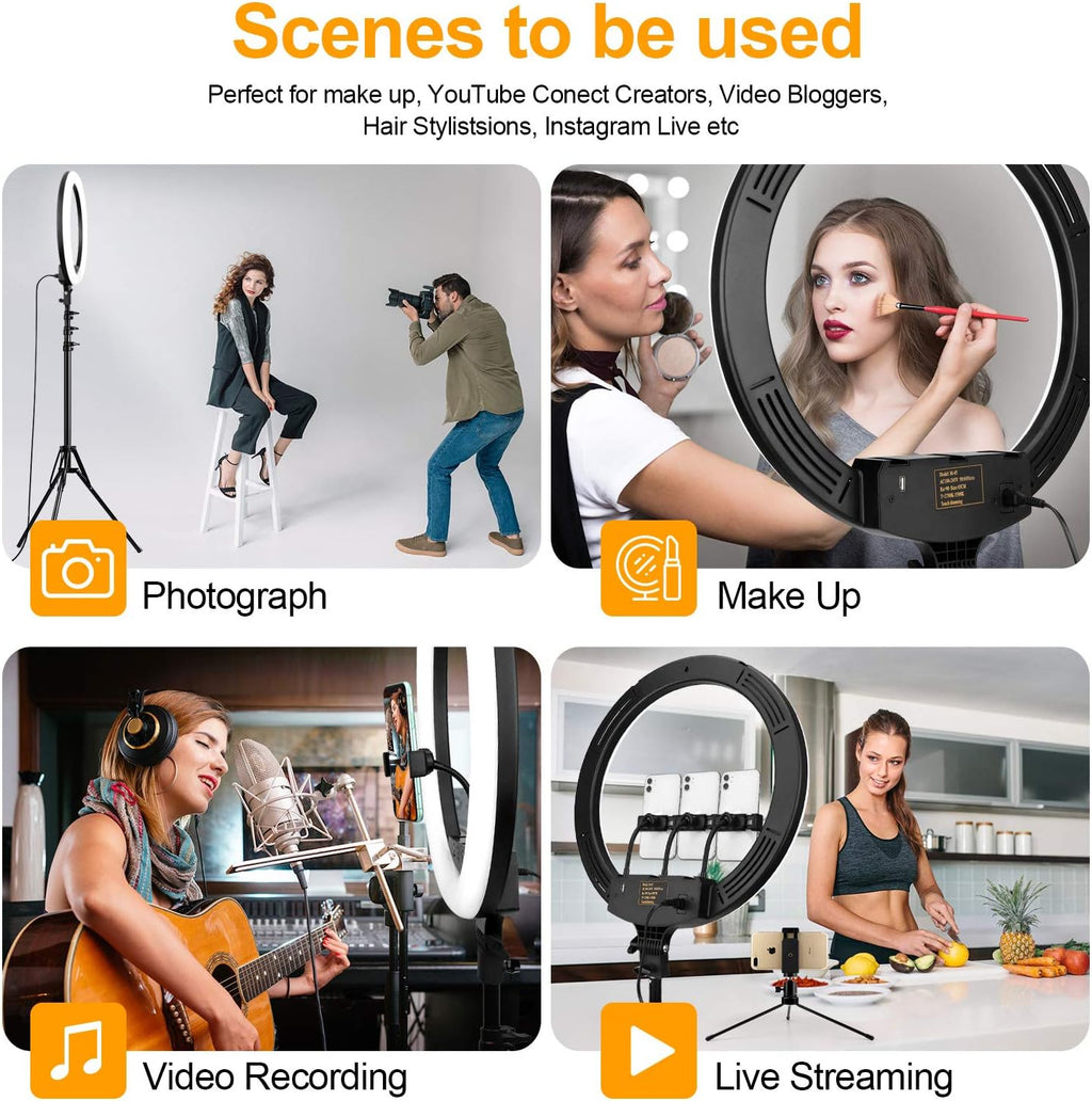 18" Ring Light with Tripod Stand, Dimmable LED, Wireless Remote, Phone Holder for Live Stream/Makeup, Youtube Video/Photography/Tiktok