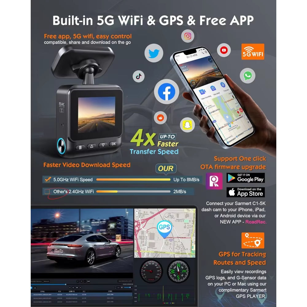 Sarmert C1 5K Dash Cam Front - Built-In GPS and 5G Wifi, Sony STARVIS Sensor, HDR Night Vision Car Camera, 5K/4K/2.5K UHD Dash C