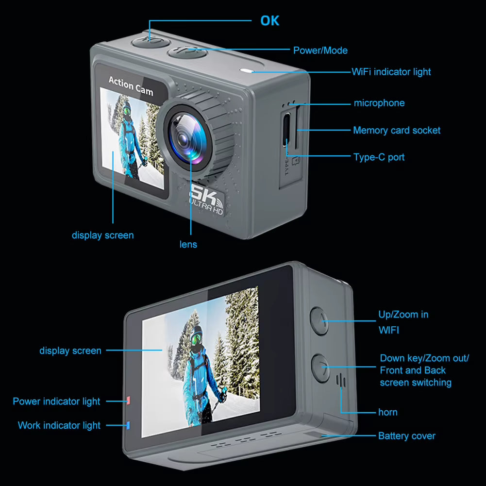 5K 4K 60FPS Action Camera 170° Wide Angle WIFI Outdoor Cycling Camera 30M Waterproof Diving Mini DV Camera with Remote Control