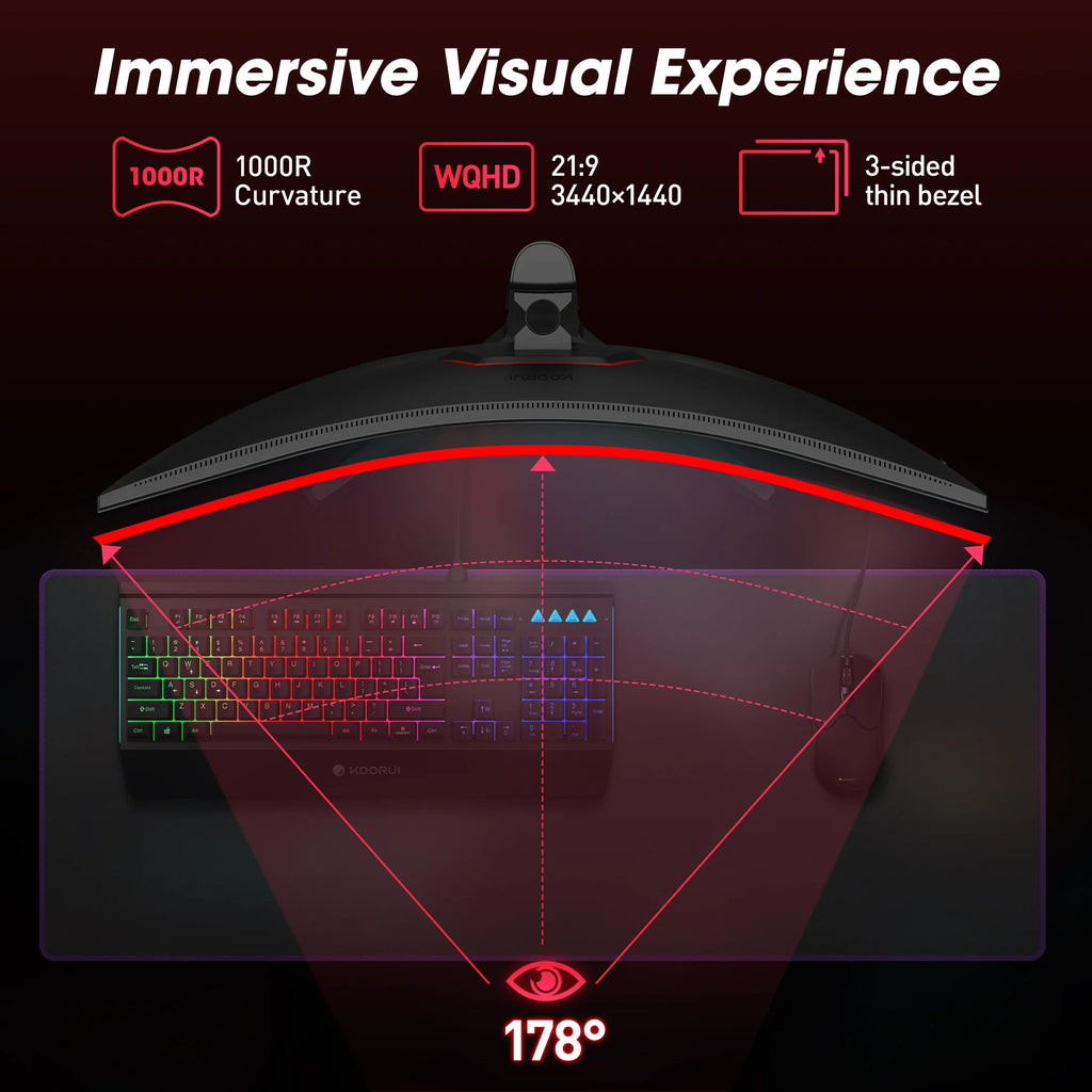 34'' WQHD Curved Gaming Monitor, 180Hz/165Hz Ultrawide Monitor, 3440×1440P 1Ms(Mprt) HDR400, Black