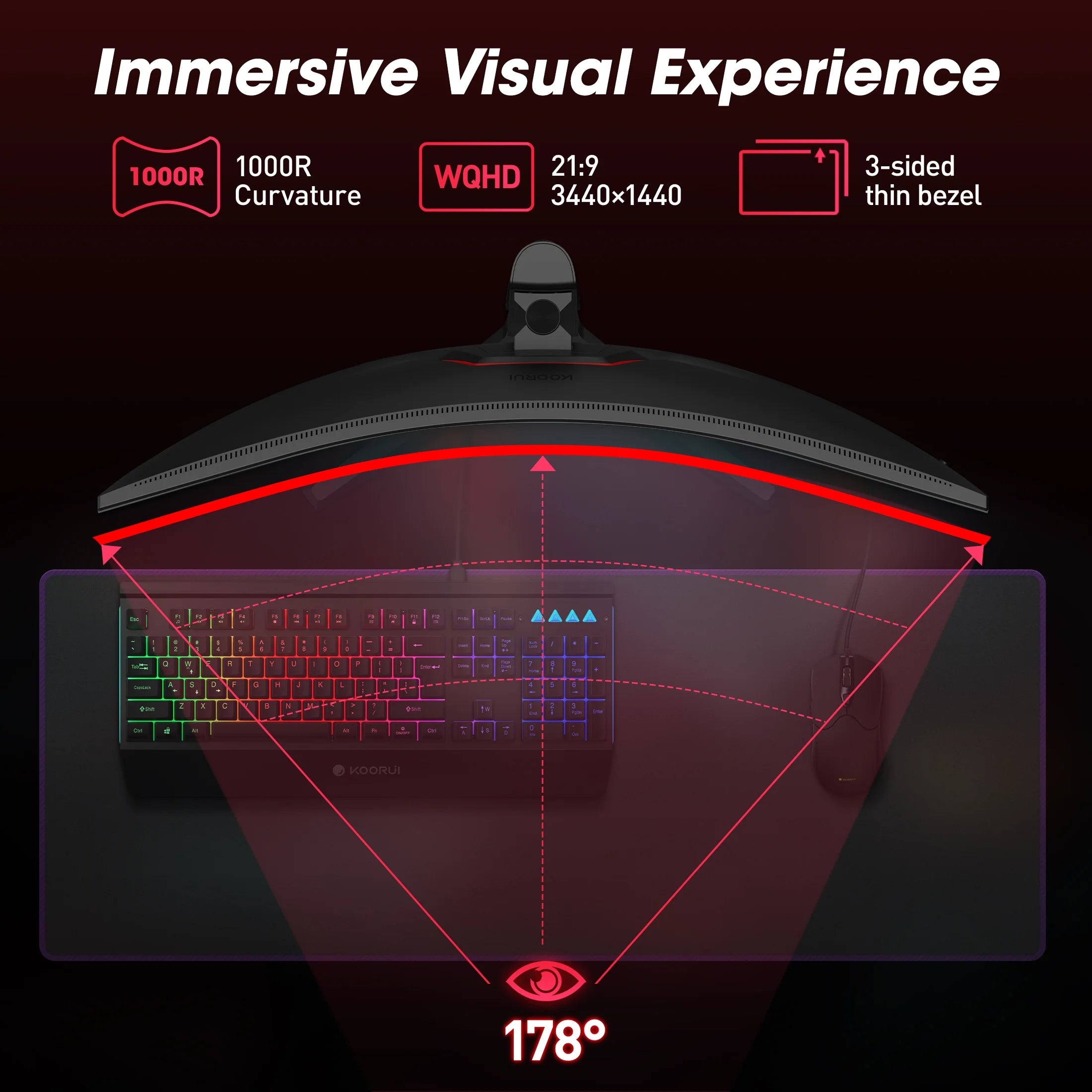 34'' WQHD Curved Gaming Monitor, 180Hz/165Hz Ultrawide Monitor, 3440×1440P 1Ms(Mprt) HDR400, Black