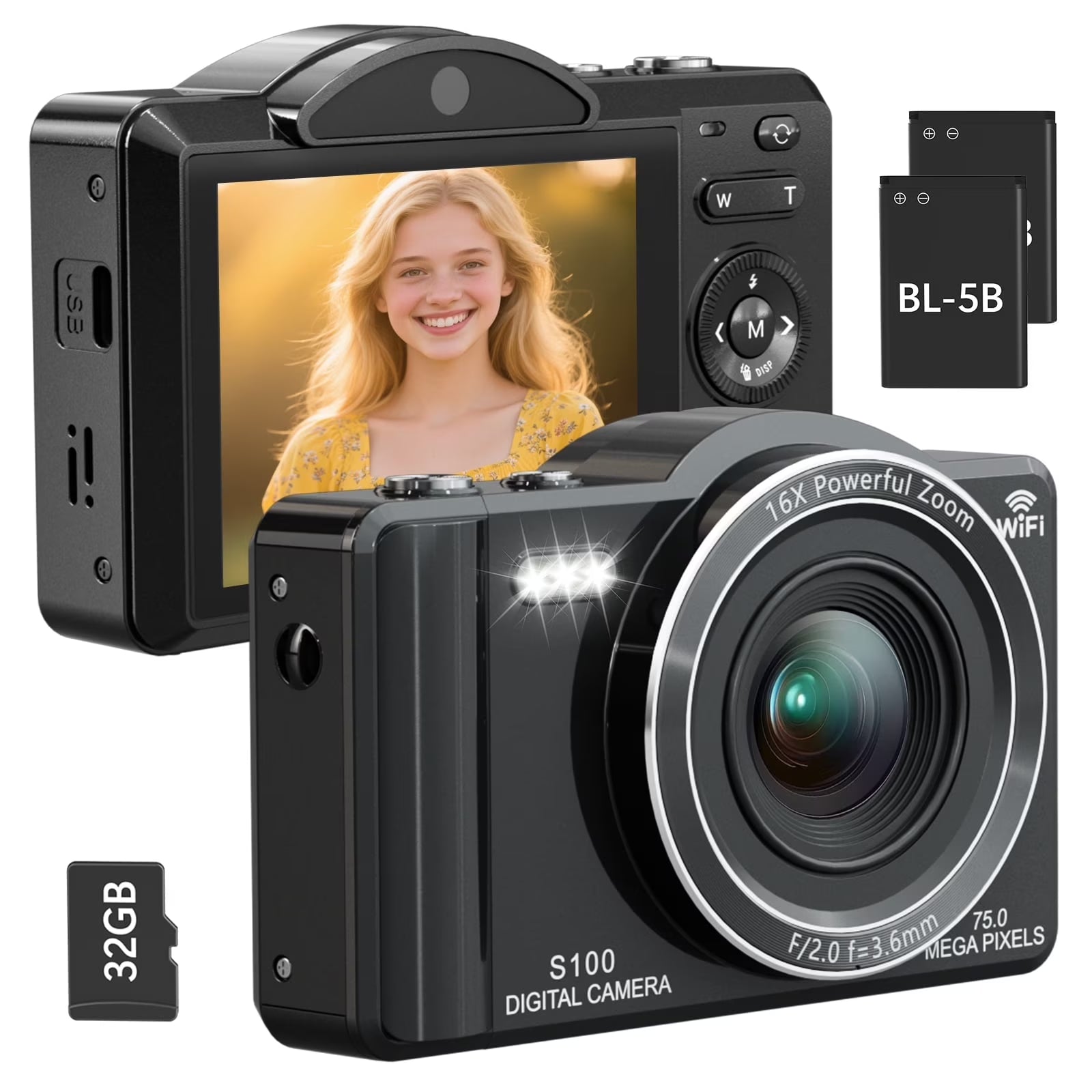 Digital Camera 5K 75MP Dual Camera for Youtube 2.8'' Vlogging Cameras 16X Digital Zoom 32GB Card Mini Cameras for Teens Black