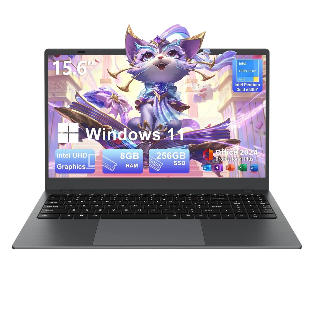 15.6" Laptop Computer, 8GB RAM 256GB SSD, Intel Pentium Gold 6500Y with 2 Cores up to 3.4Ghz, FHD Display, Office 2024, Wifi5 BT5.0, Windows 11 Laptop for Business, Student, Office, Dark Gray