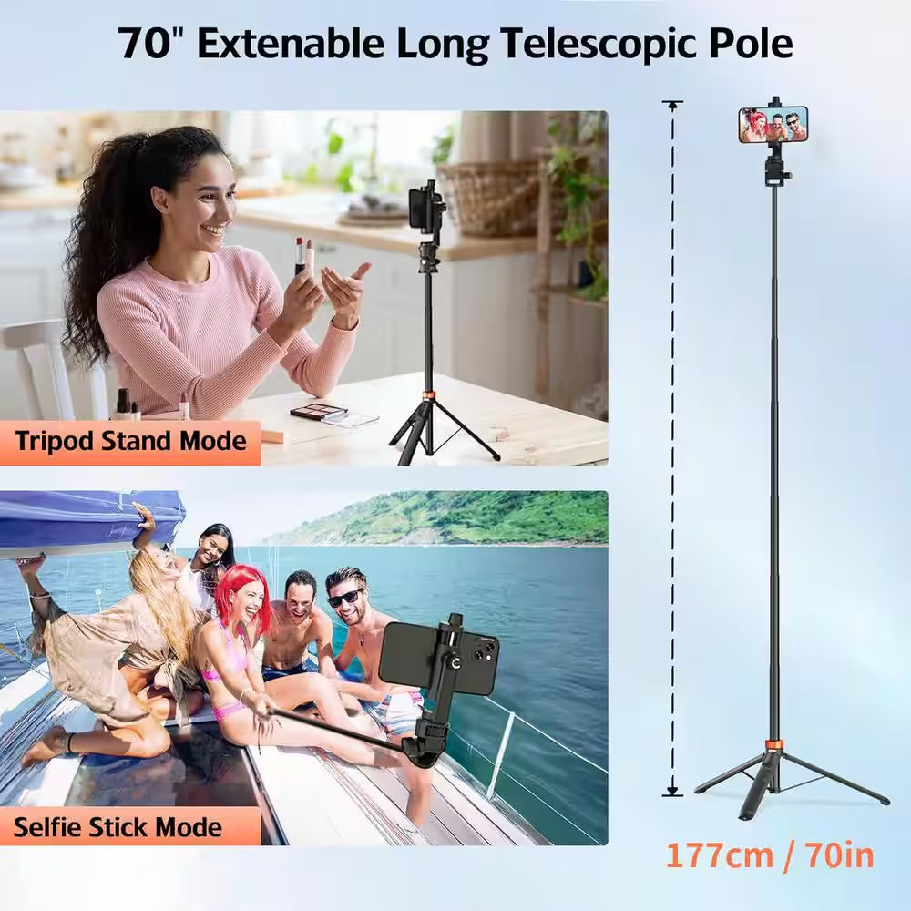 70-Extendable Phone Tripod Stand with Wireless Remote and Phone Holder Compatible with Cameras and Phones