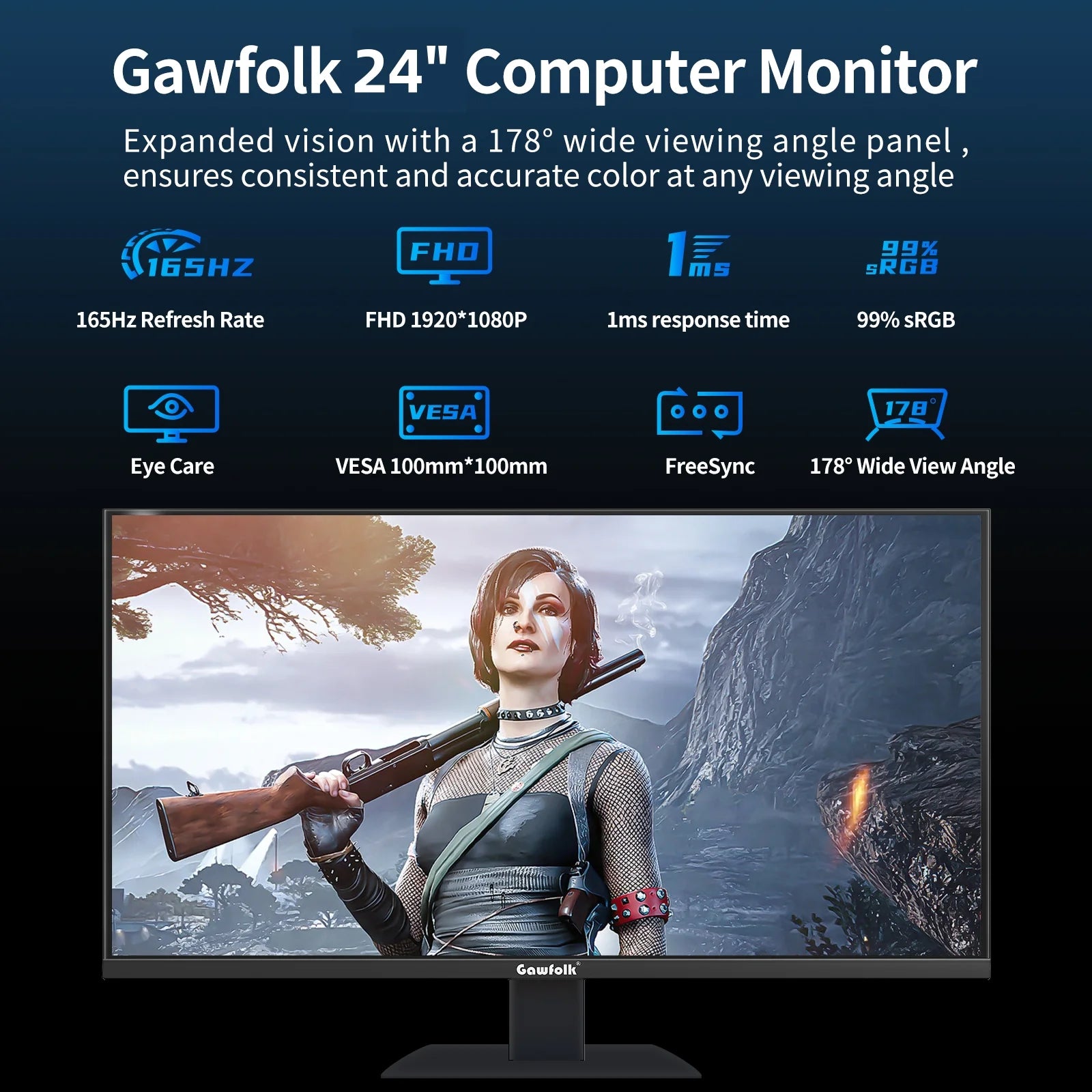 Gaming Monitor 24 Inch 144Hz/165Hz, Computer Monitor FHD 1080P LED VA Display, Ultra-Thin Frameless Screen PC Monitor HDMI DP, Black
