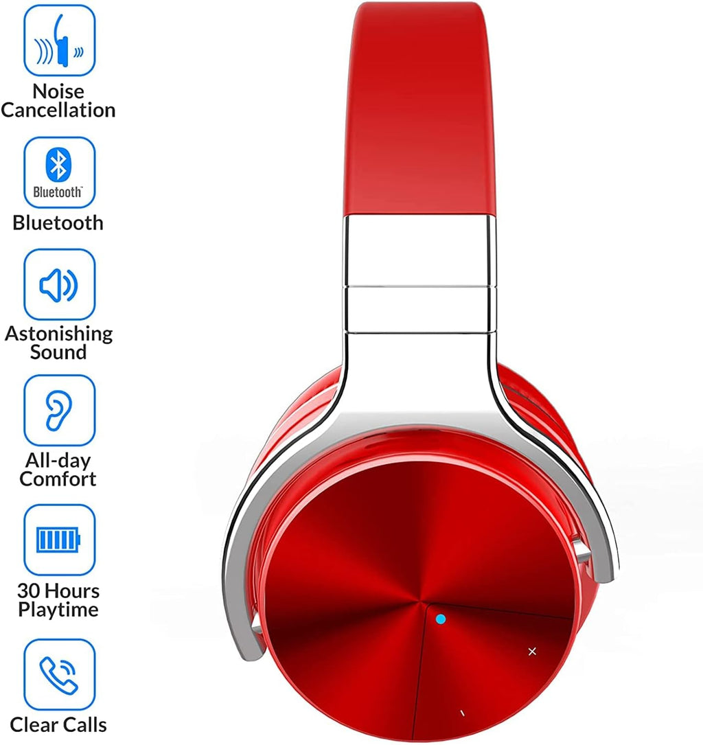 E7 PRO Active Noise Cancelling Headphones Bluetooth Headphones with Microphone Deep Bass Wireless Headphones over Ear, Comfortable Fit, 30H Playtime for Tv/Computer/Cellphone, Red