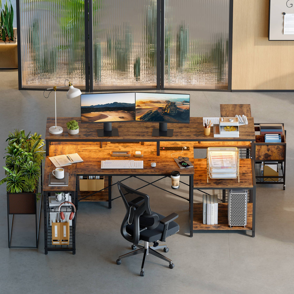 71 Inch L-Shaped Gaming Desk with Power Outlets LED Computer Office Table with Monitor Stand & Storage Shelf in Rustic