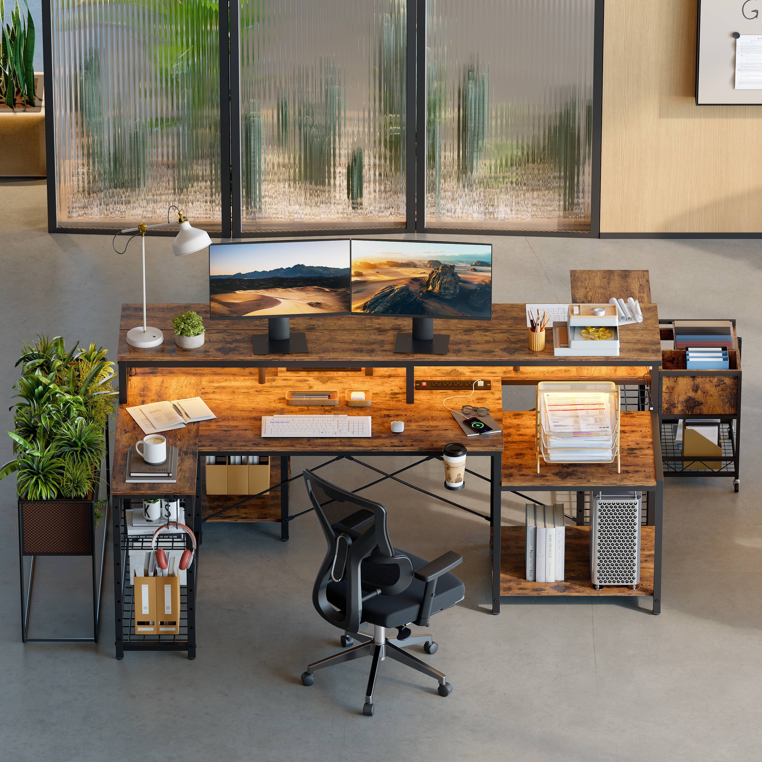 71 Inch L-Shaped Gaming Desk with Power Outlets LED Computer Office Table with Monitor Stand & Storage Shelf in Rustic