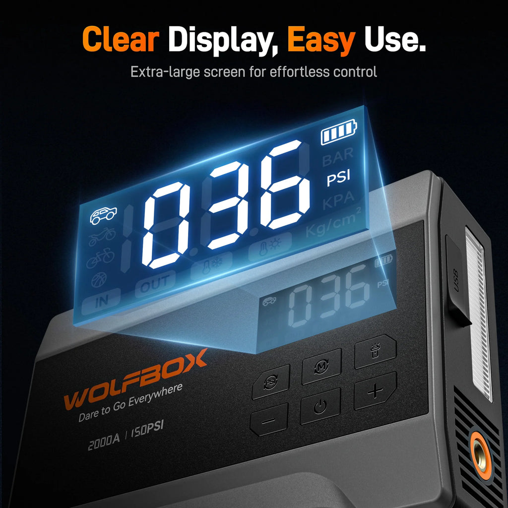 Car Jump Starter with Air Compressor, 2000A 150PSI Portable Car Battery Jump Box(5.0L Gas) with Digital Tire Inflator, 12V