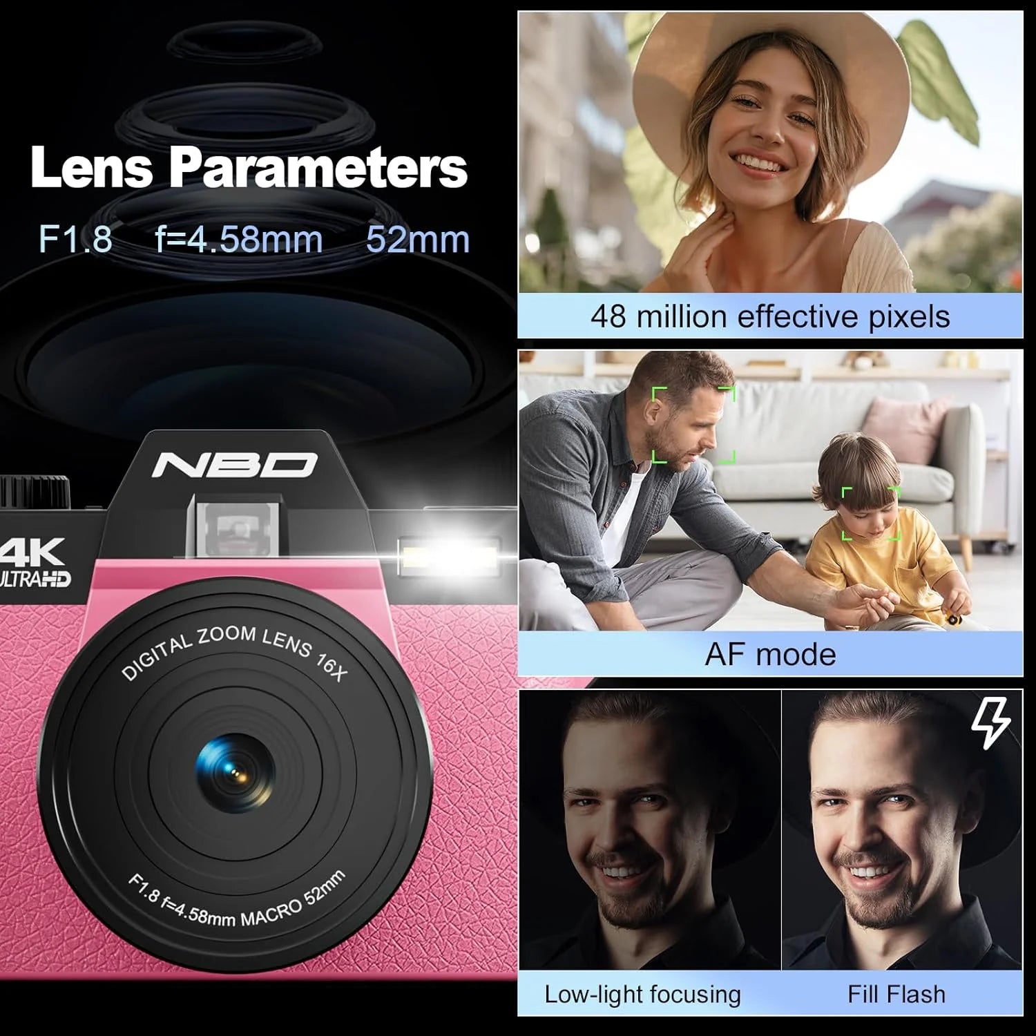 4K Digital Cameras for Photography,48 MP Autofocus Vlogging Camera with 52Mm Wide Angle & Macro Lens