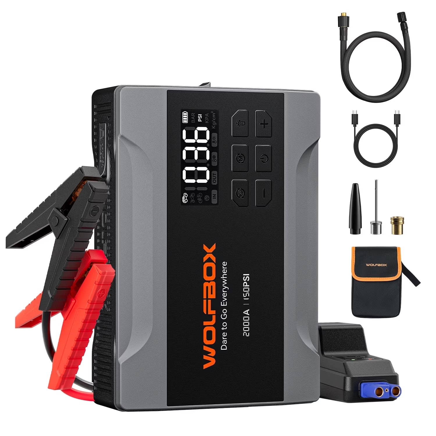Car Jump Starter with Air Compressor, 2000A 150PSI Portable Car Battery Jump Box(5.0L Gas) with Digital Tire Inflator, 12V