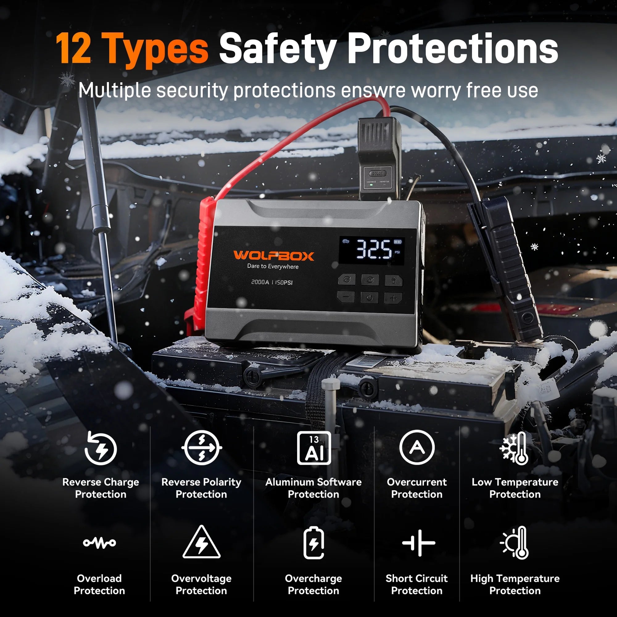 Car Jump Starter with Air Compressor, 2000A 150PSI Portable Car Battery Jump Box(5.0L Gas) with Digital Tire Inflator, 12V