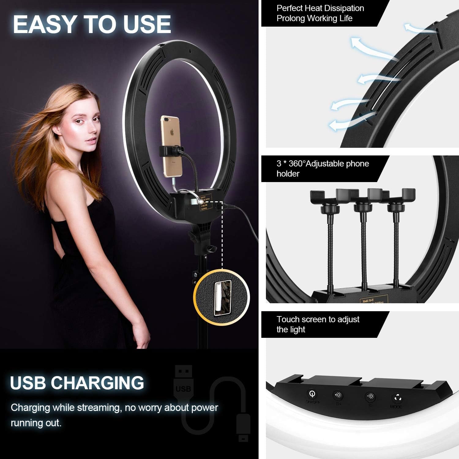 18" Ring Light with Tripod Stand, Dimmable LED, Wireless Remote, Phone Holder for Live Stream/Makeup, Youtube Video/Photography/Tiktok