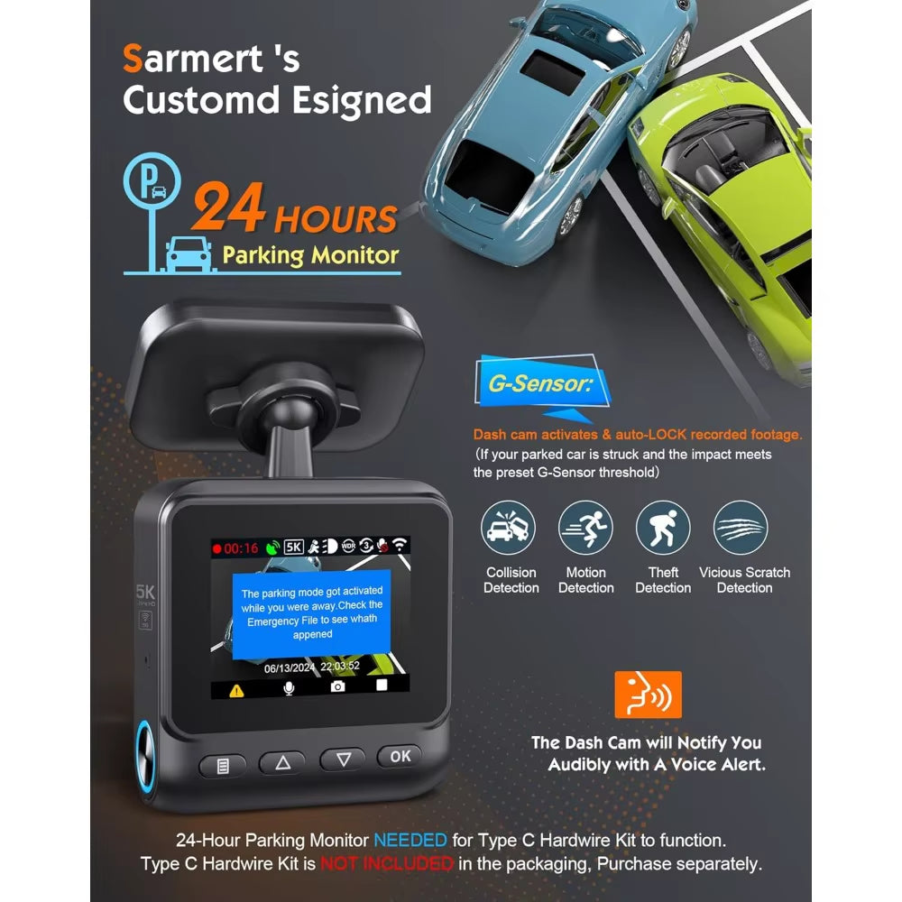 Sarmert C1 5K Dash Cam Front - Built-In GPS and 5G Wifi, Sony STARVIS Sensor, HDR Night Vision Car Camera, 5K/4K/2.5K UHD Dash C