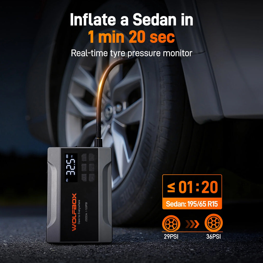 Car Jump Starter with Air Compressor, 2000A 150PSI Portable Car Battery Jump Box(5.0L Gas) with Digital Tire Inflator, 12V