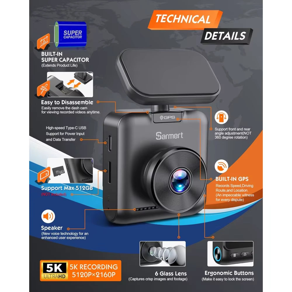 Sarmert C1 5K Dash Cam Front - Built-In GPS and 5G Wifi, Sony STARVIS Sensor, HDR Night Vision Car Camera, 5K/4K/2.5K UHD Dash C
