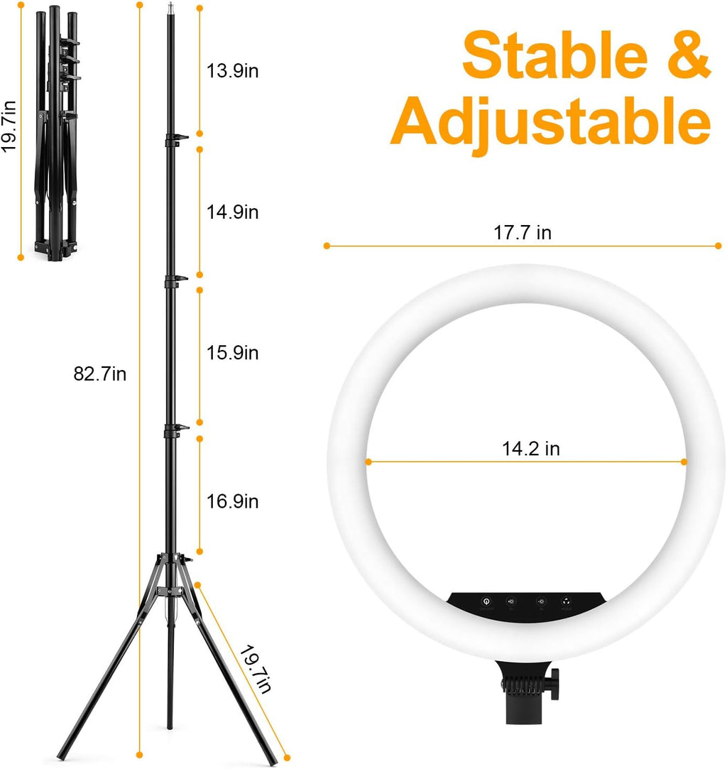 18" Ring Light with Tripod Stand, Dimmable LED, Wireless Remote, Phone Holder for Live Stream/Makeup, Youtube Video/Photography/Tiktok
