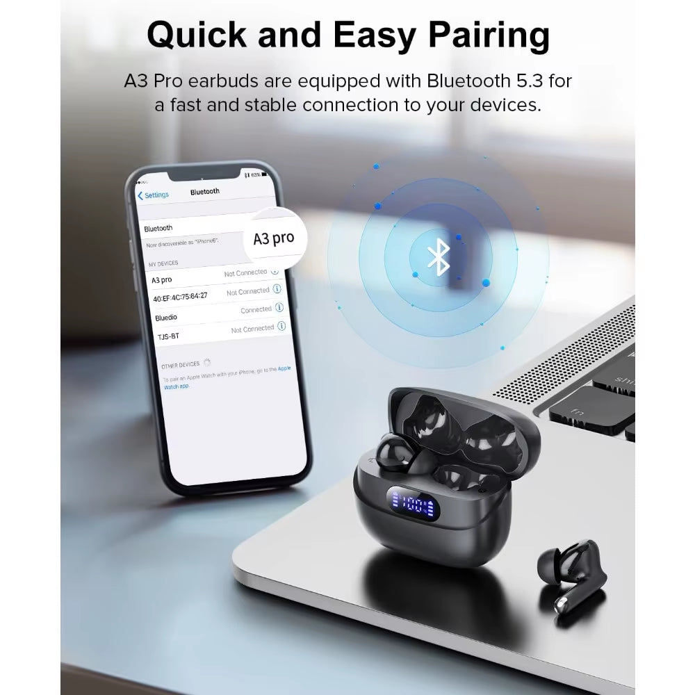 ‌Bluetooth 5.3 Earbuds, 42H Playtime, Hifi Stereo, Noise Cancelling, IPX7 Waterproof, LED Display for Ios/Android
