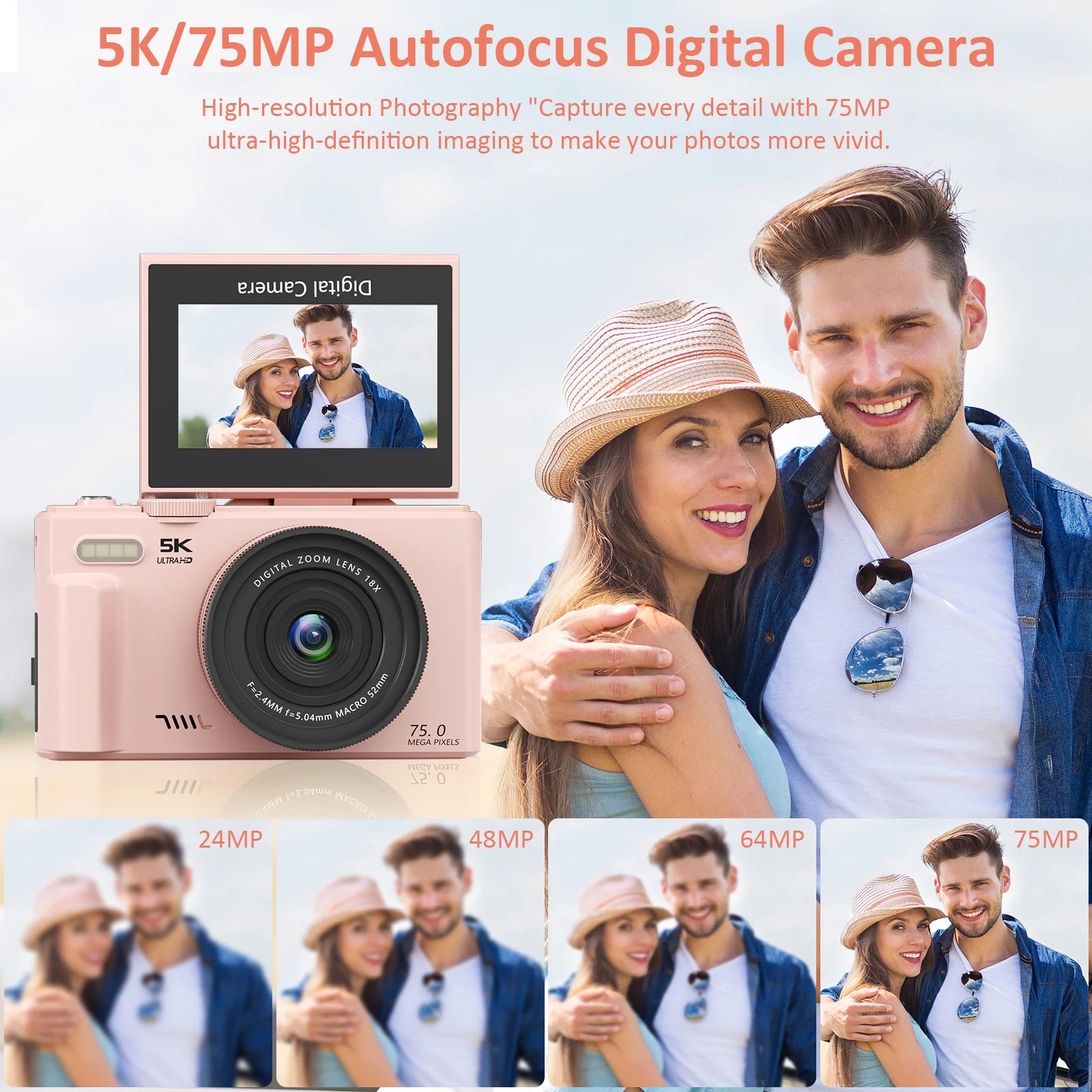 5K Digital Camera for Photography with Wifi, 75MP Vlogging Camera for Youtube with 3" 180° Flip Screen, 18X Digital Zoom with 32GB Micro SD Card & 2 Batteries (Pink)