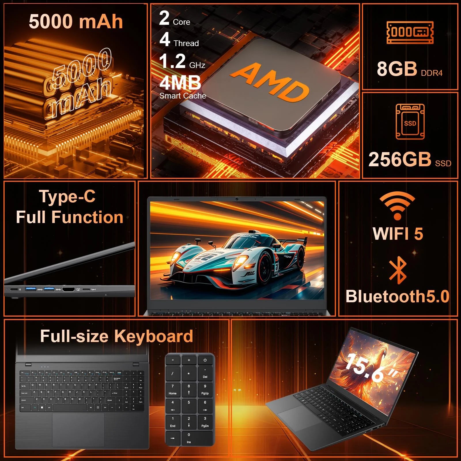 15.6" Windows 11 Laptop, Dual 8GB RAM, 256GB SSD, AMD 3020E with 2 Cores up to 2.6Ghz, with Office 2024, 1920X1080 Display Wifi5 BT5.0 for Student, Home Office, Business